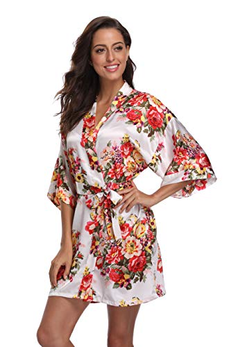 White Robes for Bride Women's Floral Satin Robe Short Silk Lightweight Bridal Kimono Bathrobe Sleepwear, M