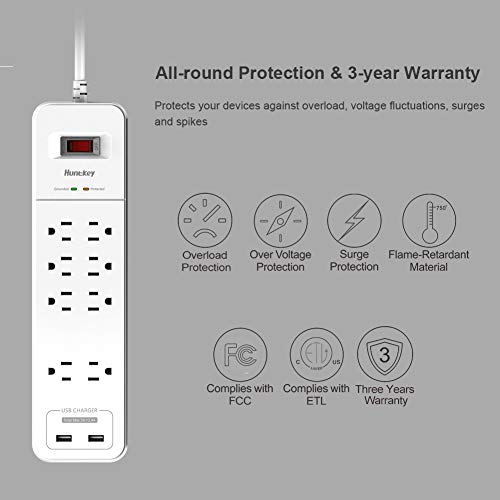 8 Outlets Power Strip Surge Protector, 2 USB Ports Powerstrip,Huntkey