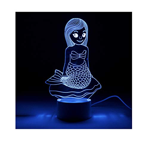 Mermaid 3D Optical Illusion Night Light withTouch Control, LED Table Desk Lamp with 7 Colour Changing Options, USB Powered, Desk, Night Light for Kids