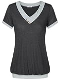 Youtalia Women's Lightweight Short Sleeve Color Block Banded Hem Tops Blouse Shirt