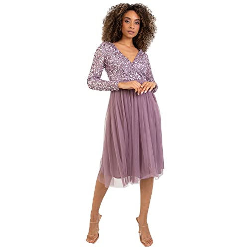 Maya Deluxe Womens Ladies Wedding Guest Midi Dress Long Sleeve Plunging Neckline V Neck Sequin Embellished Graduation Vestido de Dama de Honor, Moody Lilac, 10 para Mujer