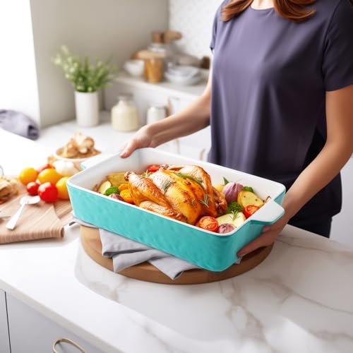 Krokori Ceramic Baking Dish, Casserole Dish for Oven, Lasagna Pan Deep, 9x13 Baking Pan with Handles, Porcelain Bakeware for Lasagna, Baking, Cooking, Kitchen, Daily Use, Wedding Gift (Aquamarine)