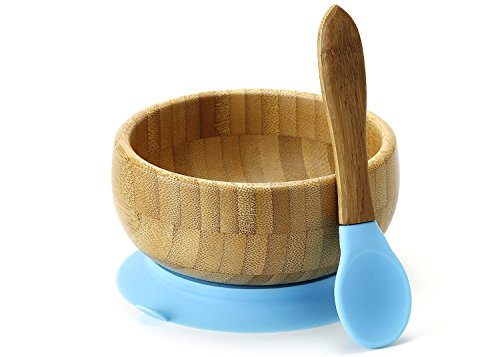 Maven-Gifts-Avanchy-Baby-Feeding-Gift-Set--Bamboo-Stay-Put-Suction-Bowl-with-Spoon-Blue-and-Bamboo-Stay-Put-Suction-3-Section-Plate-with-Spoon-Blue-Ages-6-Months-and-Up