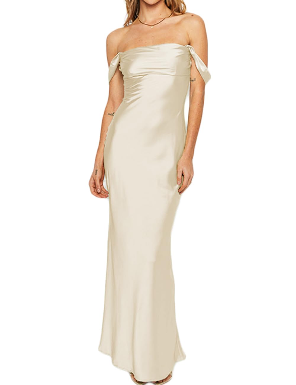 Photo 1 of ***DAMAGED - SEE NOTES/PICTURES***
Realtix Elegant Satin Off The Shoulder Ruched Backless Maxi Dress for Women Strapless Tube Sleeveless Fitted Bridesmaid Dress Champagne