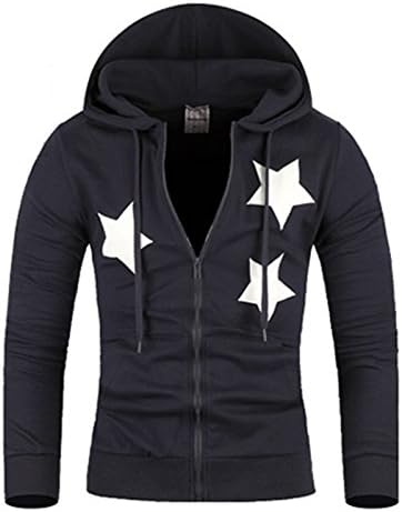 Mens Premium Three Stars Hooded Zip-up Hoodie Sweater Jumper Pullover (Medium, Navy blue)
