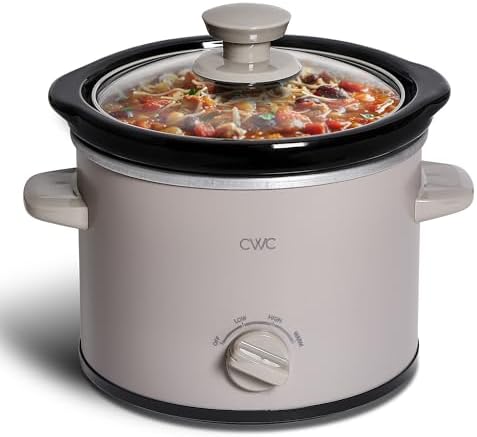 COOK WITH COLOR 2QT Mini Electric Round Slow Cooker - Adjustable Settings, Removable Stoneware Pot, Tempered Glass Lid, Dishwasher Safe, Cool-Touch Side Handles, Greige