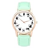 Top Plaza Fun Animal Series Twelve Cute Cats Scale Rose Golden Case PU Leather Strap Womens Girls Quartz Wrist Watch,Green