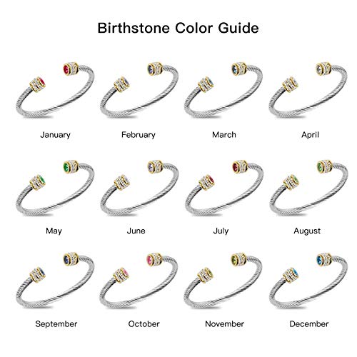 Winhime Birthstone Cable Bangle Bracelets for Women, Stainless Steel Twisted Cable Wire Bracelet for Teen Girls Designer Inspired Cuff Bracelet in Two Tone Silver Gold (Aug-Peridot)