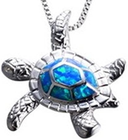 Fortonatori Created Blue Opal Necklace Turtle Sky 925 Silver Pendant Necklace 18" Chain
