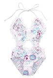 CANIS Little Girls Summer One-piece Ruffle Flower Print Halter Backless Swimsuit