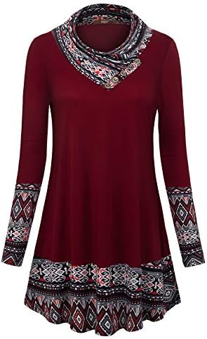 Women's Long Sleeve Button Cowl Neck Floral Printed Casual Tunic Tops