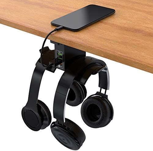 Foregiant Headphone Hanger Holder Rack Hook Headphone Hanger With USB Charger Organizer Headset Hook under Desk 2in1 Universal Rubber Coated