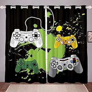 Gamepad Curtains Green Yellow Tie Dye Curtains for Bedroom Living Room for Kids Boys Teens Video Game Gamepad Windows Drapes Game Controller Curtains,W46*L54