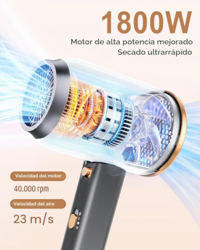 DEWILY 1800W Ionic Hair Dryer with Diffuser – Quick Drying with Hot/Cold Button, Thermostatic Diffuser, 3 Temperatures and 2 Speed, Includes Concentrator and for Curls, Black and Gold