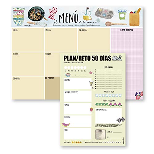 Happymots - 2 pianificatori -"Il menu della settimana" e"Piano sfida 50 giorni" per metterti in forma e mangiare meglio. Mangia sano, risparmia tempo e denaro pianificando i tuoi menu della settimana