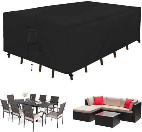 Dsocool 600D Patio Furniture Covers, 100% Waterproof Patio Table Cover, Heavy Duty Oxford Cloth Outdoor Table Cover, with Handles, Vents and Buckles, UV-Resistant (Black, 350×260×90cm)