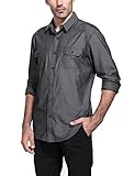 Bentibo Mens Grey Twill Chambray Long Sleeve Button Casual Dress Shirt Classic Fit