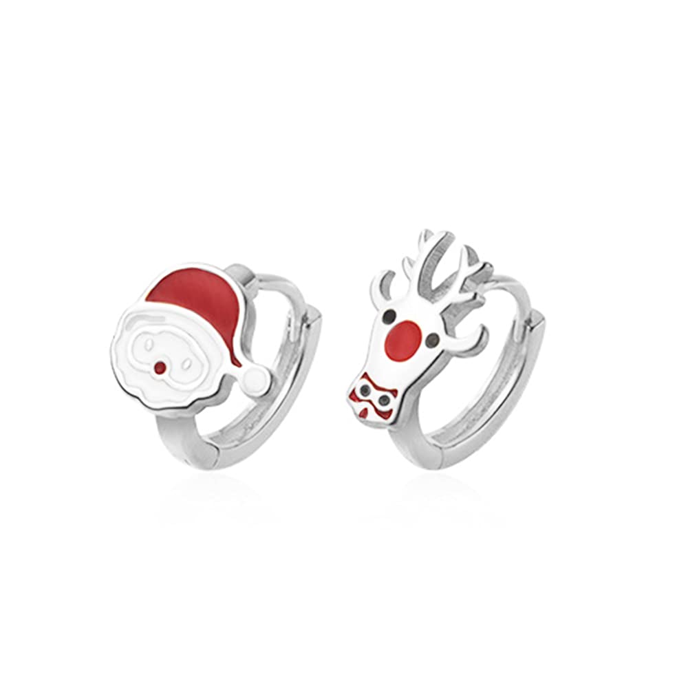 Santa Claus and Reindeer Small Sleeper Hoop Earrings Fashion Elk Deer Enamel 11mm Round Huggie Hoops Cartilage Earring Holiday Xmas Christmas Jewelry Gifts for Women Teen Girls Sensitive Ears (Silver)