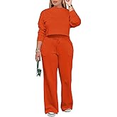 PINSV Women's 2 Piece Outfits Sweatsuit Set Long Sleeve Crop Top Drawstring Wide Leg Pants with Pockets Tracksuits Casual Set