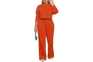 PINSV Women's 2 Piece Outfits Sweatsuit Set Long Sleeve Crop Top Drawstring Wide Leg Pants with Pockets Tracksuits Casual Set