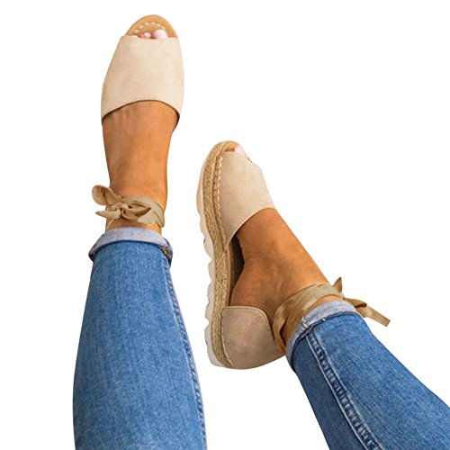 Sunyastor Womens Espadrilles Lace Up Flat Shoes Platform Ankle Strap Wrap Summer Sandals Peep Toe Chunky Holiday Shoes Beige