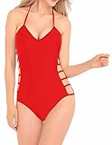 Womens One Piece Sexy Plunge Neck Strappy Swimsuit Swimwear Monokini (X Large, Strappy Red)
