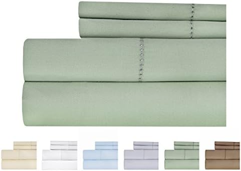Weavely Cotton Bed Sheets Set - Hemstitch Bedsheet 500 Thread Count 100% Cotton Queen Sheet Set, 4-Piece Bedding Set, Elastic Deep Pocket Fitted Sheet, Sage