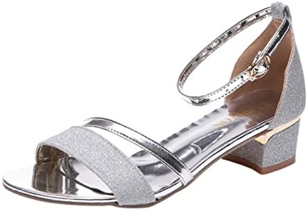 Women Sandals Ankle Mid Heel Block Party Open Toe Shoes Fashion Sequins Sandals