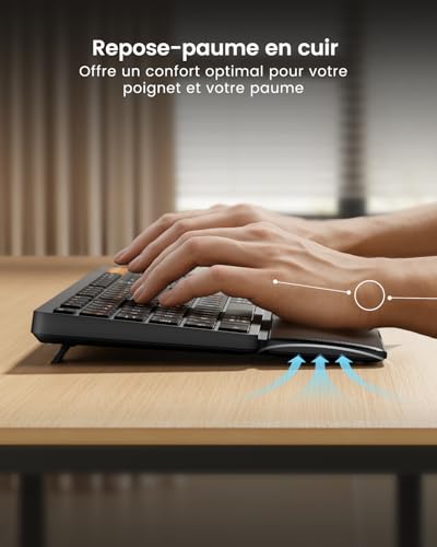 ProtoArc KM60 Rechargeable Wireless Keyboard Mouse Pack with Wrist Rest, Full Size, 2.4G + 2 x Bluetooth, for Laptop, PC, Mac, Windows, French AZERTY – Black