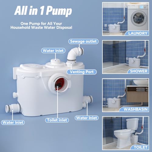 HOCANFLO Macerating Toilet System, 17.7inch Extra Tall Toilet with Macerator Pump for Basement Upflush, Sewage Grinder Pump, Quiet Copper Motor, 4 Inlets for Sink/Shower/Laundry/Washer