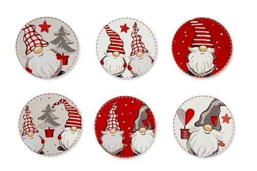 Excelsa Gnomo Set of 6 Ceramic Coasters, Cork Base, Diameter 10.5 cm, Multi-Coloured