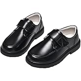 Boys Black Leather School Shoes, Formal Uniform Dress Shoes with Strap, Comfort Loafers for Students