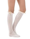 Dimore Over the Knee Antique Crochet Cable Lace and Button Thigh Thin High Boot Socks with Lace Trim Ivory