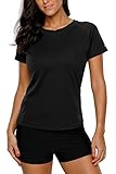 Sociala Women's Short Sleeve Rash Guard Swim Shirt V Neck UPF 50+ Rashguard Top