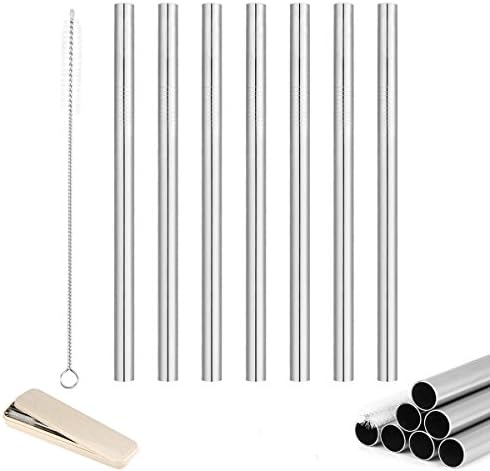 Stainless Steel Straws Extra Wide(Set of 7), 12 mm X 8.5 in Reusable Metal Drinking Straws by Alrigon, Fat Boba Smoothie Straws Flexible with Cleaning Brush, Storage Box