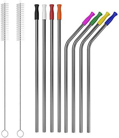 Stainless Steel Straws, 9.5" Long 8 pcs Reusable Replacement Metal Straws with Silicone mouth and Cleaning Brush