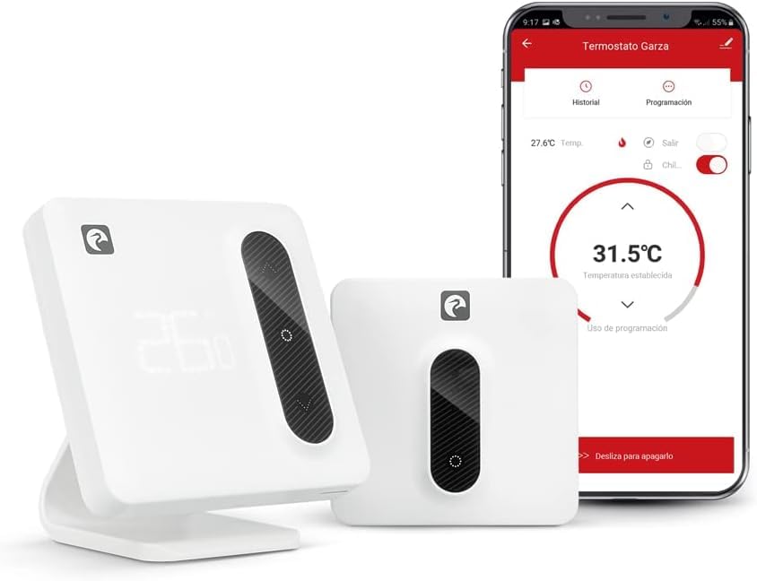 Garza - Smart Wi-Fi Thermostat für Kessel und Heizung, mit Adapter, Verbrauchsmesser, Touch Control, Erkennung offener Fenster, App und Sprachsteuerung, Alexa/Google