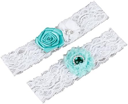 Women's White Lace Wedding Garter Set Sky Blue Satin Chiffon Flowers With Pearl Rhinestone