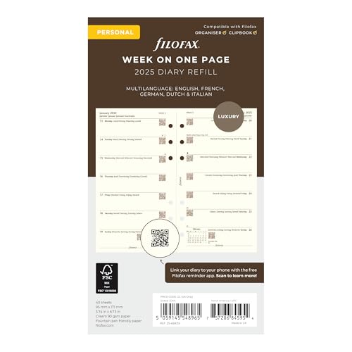 Filofax Calendar Diary Refill, Personal/Compact Size, Week on One Page, Cotton…