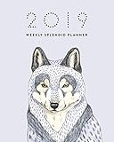 2019 Weekly Splendid Planner: Woodland Wolf Illustration Pastel Blue Wild Animal Drawing Dated Calen by