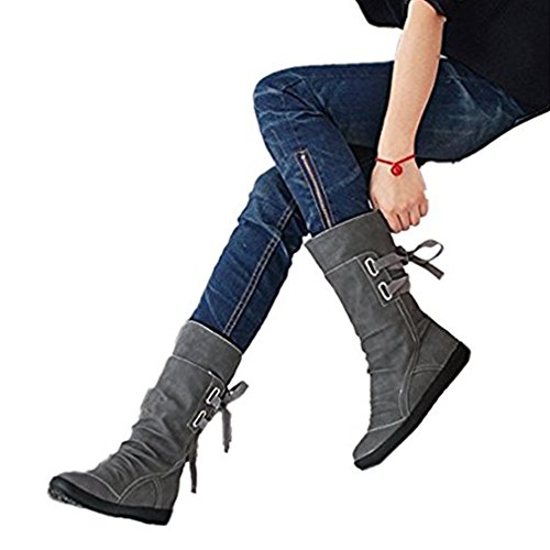 Blivener Women's Winter Back Lace Up Boot Mid Calf Snow Boots Grey US 7.5