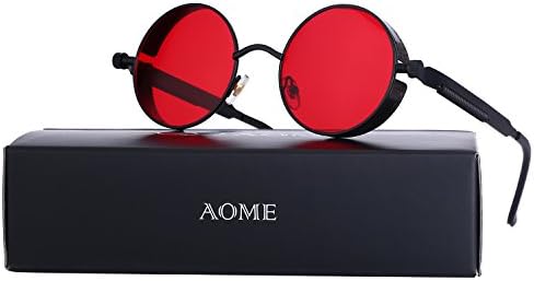 AOME Gothic Steampunk Round Sunglasses Metal Frame Mirrored Circle Lens Glasses (Black&amp;Red, 1.9)