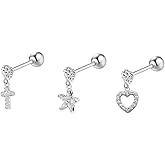Tiny Dangle Heart Cross Flower 20g Ear Cartilage Helix Surgical Stainless Steel Cubic Zirconia Studs Earrings Screw Backs Ear Tragus Auricle Nose Lip Piercing Jewelry Set Gifts Bff Birthday