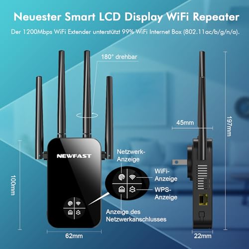 NEWFAST WLAN Amplifier, 1200 Mbps WLAN Repeater Dual-Band WiFi Extender with 4 Swivelling Antennas, WPS,MU-MIMO, Support Repeater/Router/Ap Mode for Home and Office, 1-Tip Setup, EU Plug