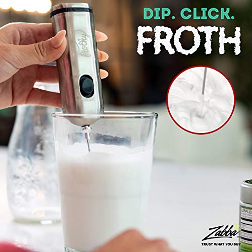 The handheld frother is made from durable stainless steel and comes with a whisk head for easy cleaning. It is battery operated and requires two AA batteries to work. The Café Casa Milk Frother is compact and can fit in your kitchen drawer or travel bag.