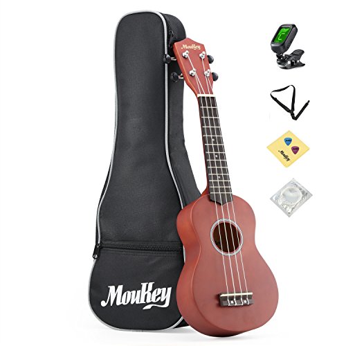 Moukey Soprano Ukulele Starter Kit 21 B-BR with Gig Bag Tuner Picks Strap,Basswood