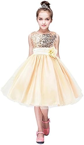 ZAH Sequin Mesh Flower Party Wedding Gown Bridesmaid Tulle Dress Little Girl(Gold/Bronze,7-8Y)