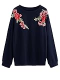 Romwe Women's Loose Long Sleeve Casual Embroidered Floral Sweatshirt Top