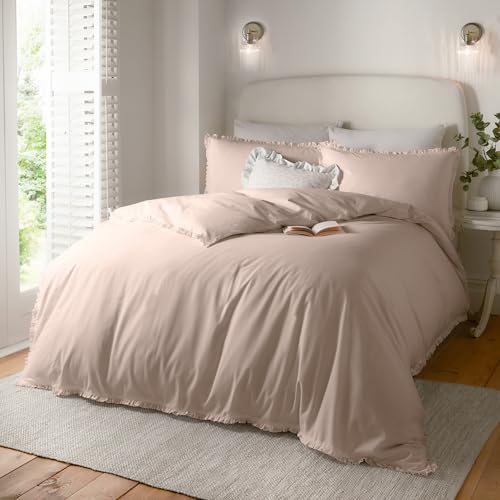 furn. Wylder Nature Tilly Duvet Cover Set – 100% Tumbled Cotton Minimal Ruffle Bedding with Elegant Trim (Blush Pink - King)