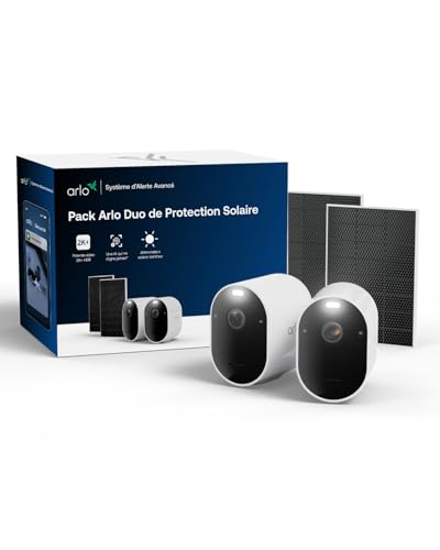 Pro 6 2K + Panneaux Solaires, Caméra de Surveillance WiFi Extérieure sans Fil, Détection par IA, Vision Nocturne Couleur, Compatible avec Alexa, Essai Arlo Secure Inclus, 2 Caméras